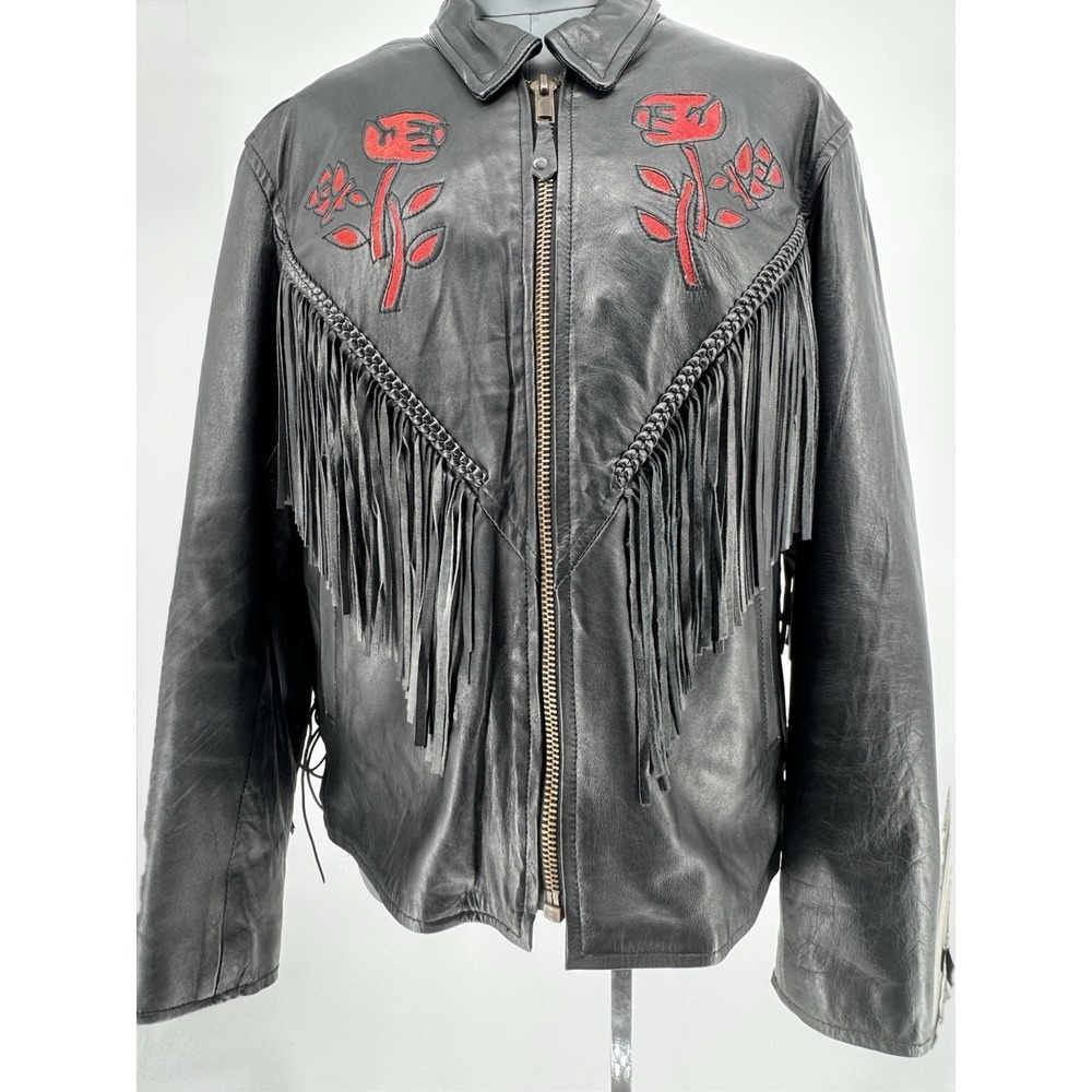 Vintage XXL Black Leather Fringe Jacket Red Rose Embroidery Western Biker Moto C